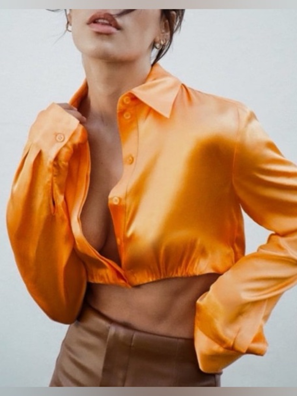 Zara Bright Orange Cropped Button-Down Shirt - Picture 5 of 5